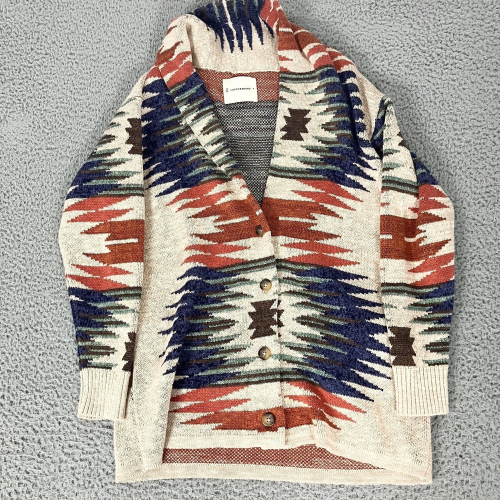 Lucky Brand Cream Aztec Patterned Shawl Collar Cardigan with Rust, Navy & Brown